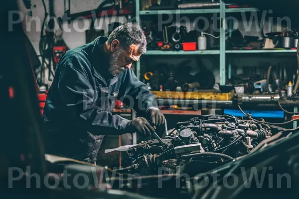 מכונאי מנוסה המתקן ביעילות מנוע רכב. רכב ממונע, בגדי עבודה, עיצוב רכב