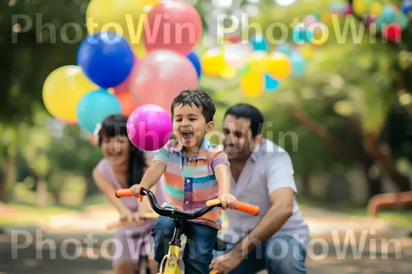 הורים גאים צופים בילדם רוכב על רכיבת אופניים ראשונה. צמיג, הבעת פנים, גַלגַל