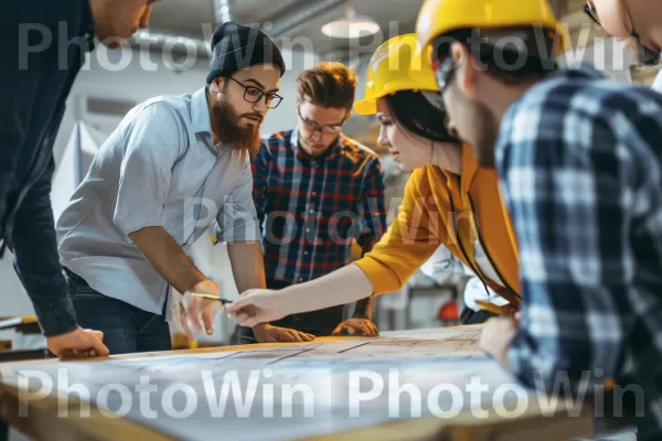 צוות ממוקד של מהנדסים משתף פעולה בתכנון אדריכלי חדשני. שעון, עץ, בִּניָן