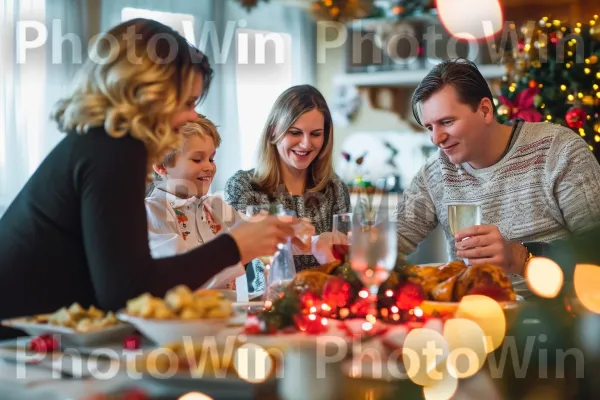 ארוחה משפחתית משותפת מלאה בצחוק ואוכל טעים. הַלבָּשָׁה, חיוך, כלי שולחן