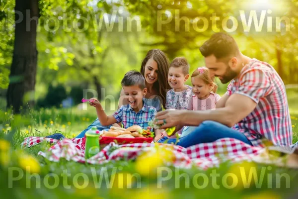 פיקניק מלא צחוק: משפחה קטנה נהנית מיום שמשי בחוץ. חיוך, צמח, שמלה