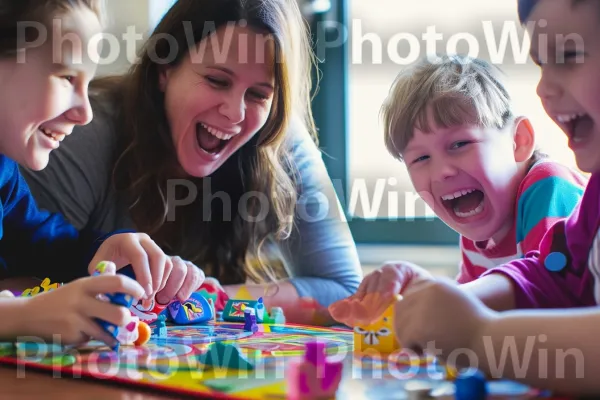 בני המשפחה מריעים במהלך תחרות משחקי לוח מהנה. יד, שיתוף, שַׂמֵחַ