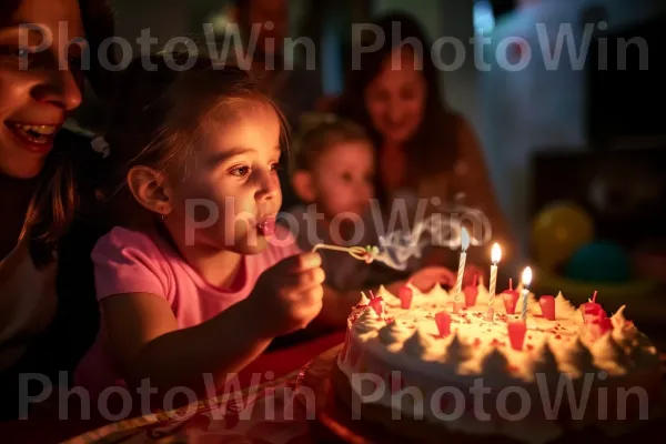 ילדה שמחה בת 5 מכבה נרות יום הולדת על העוגה שלה. נר, עוגה, קישוט עוגה