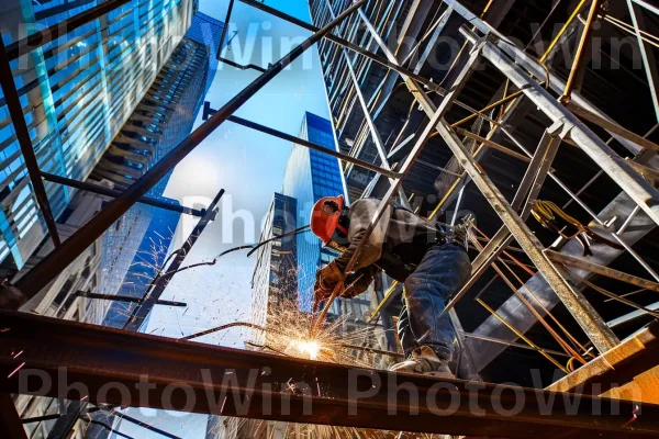 רתך מדויק היוצר במיומנות מבני מתכת לבנייה. בִּניָן, הַנדָסָה, חומר מרוכב