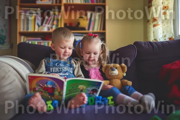 אחים חמודים: ילדה בת 6 מלמדת את אחיה בן ה-3 לקרוא. כּוֹנָנִית, סַפָּה, שַׂמֵחַ