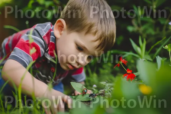 ילד סקרן בן 6 מתבונן בחרקים בחצר האחורית. צמח, בּוֹטָנִיקָה, שַׂמֵחַ