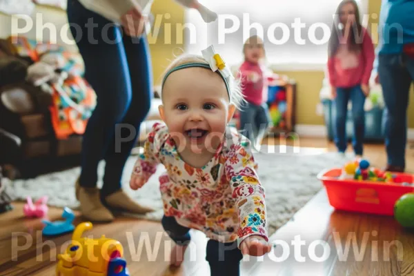 ילדה עליזה בת שנה עושה בניצחון את צעדיה הראשונים. חיוך, שַׂמֵחַ, צַעֲצוּעַ