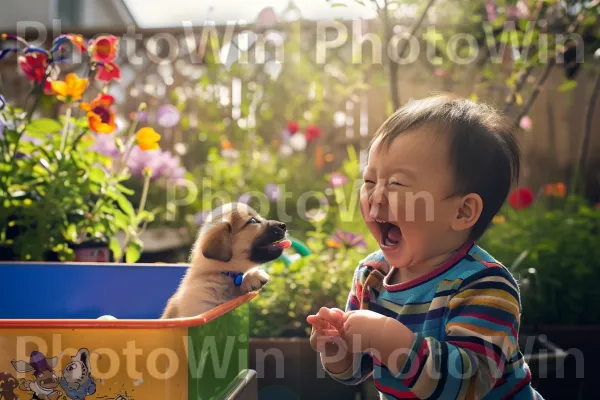 ילד מקסים בן שנתיים מצחקק בשמחה על גור שובב. צמח, שַׂמֵחַ, כֵּיף