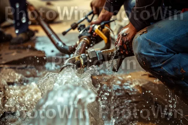 צוות אינסטלטורים מיומנים בתיקון מהיר של צנרת מים שהתפוצצה. מים, מַתֶכֶת, נוֹפֶשׁ