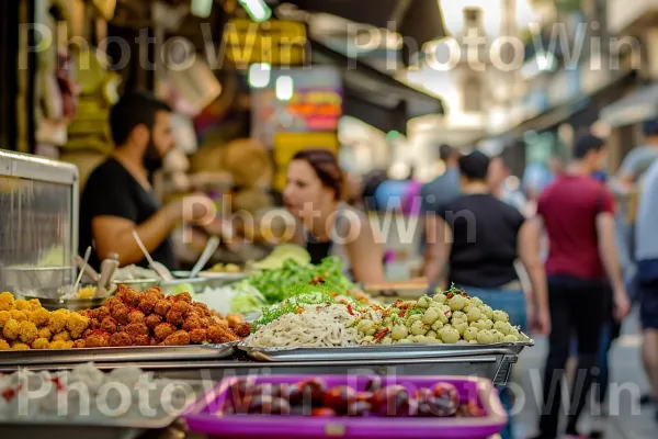 רחוב רצוף דוכני פלאפל, מפתה עוברי אורח בניחוחות מעוררי תיאבון ממדינת ישראל. צמח, מזונות טבעיים, מִטְבָּח