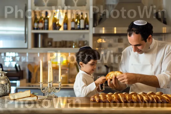 אב מלמד את בנו לאפות לחם חלה לשבת ממדינת ישראל. כלי שולחן, שולחן, אירוע