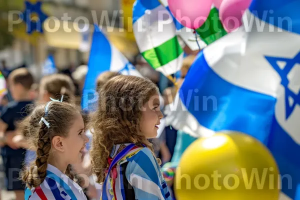 דגלים מרהיבים מתנופפים בגאווה במהלך חגיגות יום העצמאות, ממדינת ישראל. בן אנוש, בַּלוֹן, צהוב