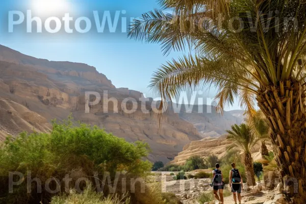 חברים מטיילים בנופים עוצרי הנשימה של עין גדי ממדינת ישראל. שָׁמַיִם, עֵץ, אוֹר שֶׁמֶשׁ