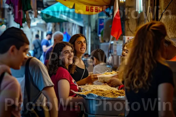 פרצופים מחייכים בדוכן פלאפל חיצוני סואן בירושלים ממדינת ישראל. צהוב, צרכן, חולצה קצרה