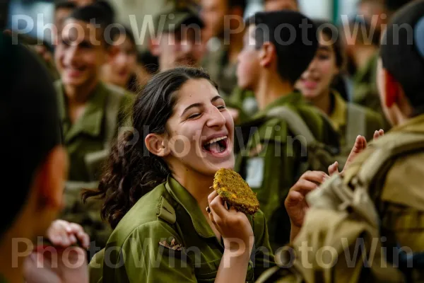 קבוצת חיילים חוגגת את סיום השירות הצבאי בפלאפל ממדינת ישראל. שַׂמֵחַ, מחווה, קָהָל