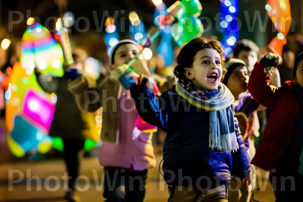 ילדים צועדים בשמחה ברחובות במהלך אירוע חנוכה חגיגי ממדינת ישראל. צמח, בידור, אמנויות במה