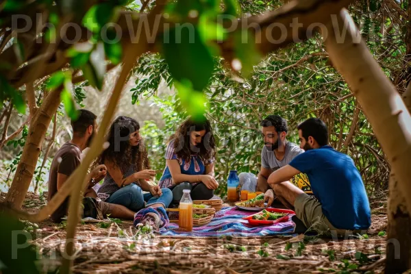 חברים נהנים מפיקניק בפארק שופע, נווה מדבר בטבע ממדינת ישראל. אנשים בטבע, עלה, פְּנַאִי