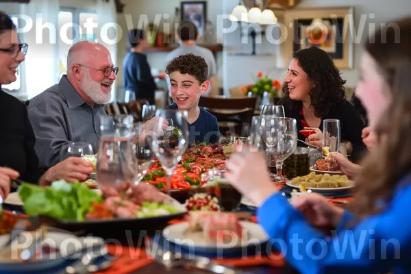 משפחות מתכנסות לסדר פסח מסורתי ממדינת ישראל. מזון, שולחן, צַלַחַת