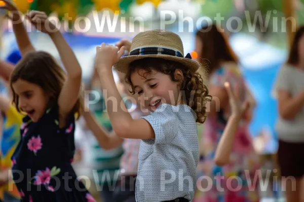 ילדים רוקדים בשמחה במהלך חגיגה יהודית מסורתית, ממדינת ישראל. כובע, בַּעֲלֵי הַחוּלִיוֹת, כובע שמש