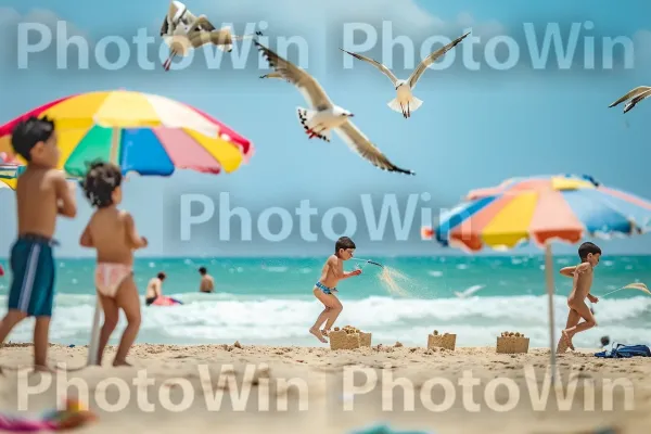 ילדים משחקים בחופים שטופי שמש בתל אביב, יום קיץ חסר דאגות ממדינת ישראל. מים, כְּחוֹל, החוף