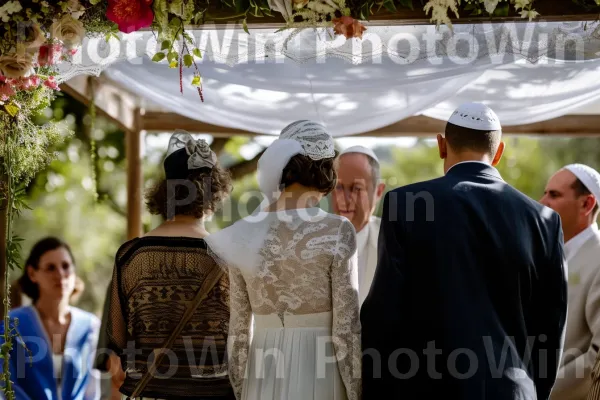 זוגות עומדים מתחת לחופה יפה המסמלת אהבה ואחדות, ממדינת ישראל. שמלת חתונה, בית המקדש, תְאוּרָה