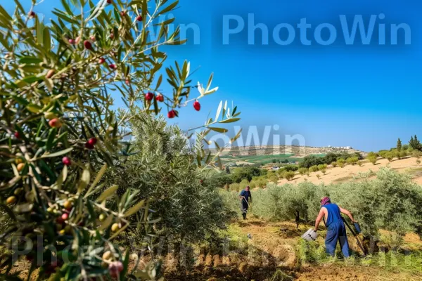 חקלאים מסיק זיתים תחת שמש הסתיו החמימה, ממדינת ישראל. צמח, שָׁמַיִם, בּוֹטָנִיקָה