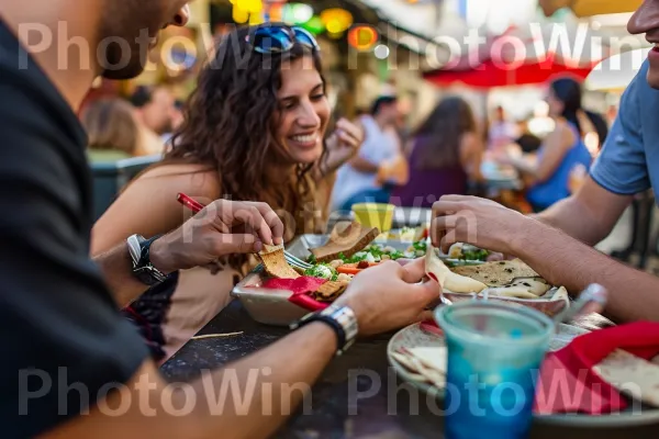 קבוצת חברים חולקת מגש חומוס טעים במזללה ירושלמית תוססת ממדינת ישראל. זְרוֹעַ, חיוך, פְּנַאִי