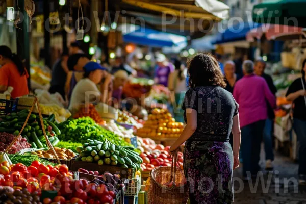 נשים נושאות סלסלות מלאות בפירות וירקות תוססים בשוק המקומי, ממדינת ישראל. הַלבָּשָׁה, תַצלוּם, מוכר