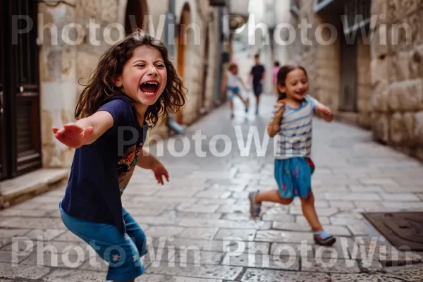 ילדים משחקים ברחובות השכונה ההיסטורית של ירושלים, התמימות בשפע ממדינת ישראל. שַׂמֵחַ, קַיִץ, עִיר