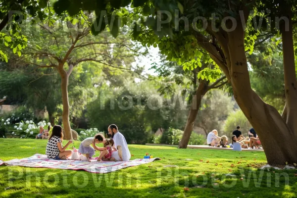 משפחות בפיקניק בפארקים שופעים, נהנים מזמן איכות משותף, ממדינת ישראל. צמח, אוֹר שֶׁמֶשׁ, צֵל