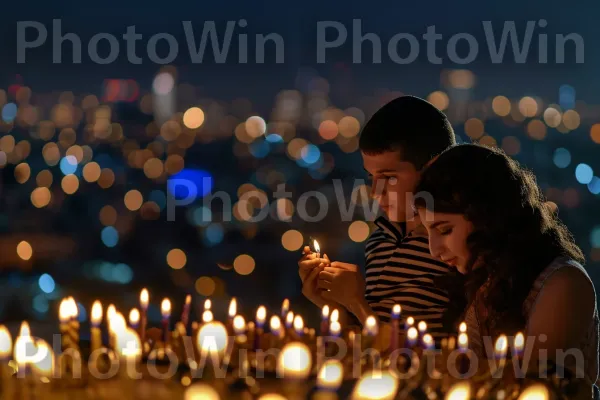 זוג מדליק נרות חנוכה כשהעיר מנצנצת ברקע ממדינת ישראל. צילום פלאש, כֵּיף, אירוע