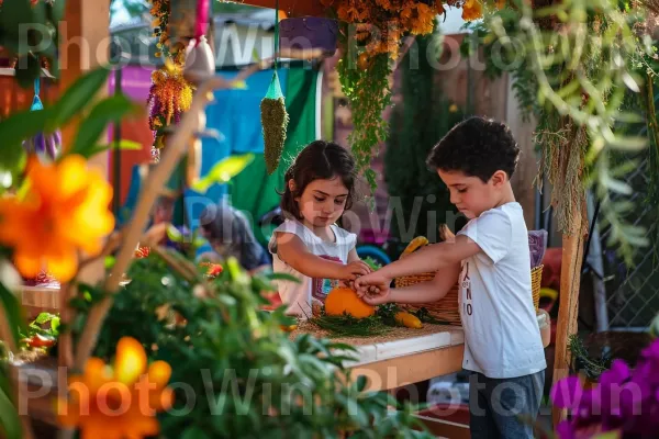 ילדים מקשטים בשמחה סוכות לקראת חג הסוכות המשמח ממדינת ישראל. פֶּרַח, עלה, מִכְנָסַיִים קְצָרִים