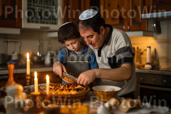 אב מלמד את בנו לאפות לחם חלה לשבת ממדינת ישראל. מזון, נר, צַלַחַת