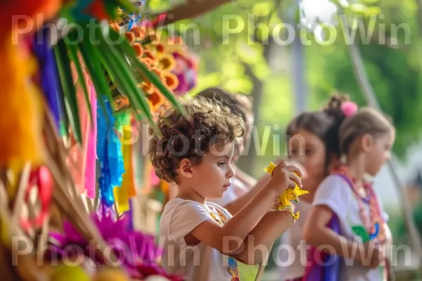 ילדים מקשטים בשמחה סוכות לקראת חג הסוכות המשמח ממדינת ישראל. שַׂמֵחַ, חיוך, פְּנַאִי