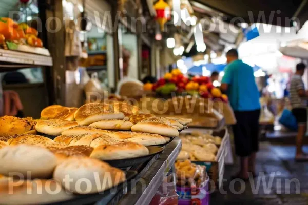 שוק תל אביבי שוקק חיים עם ניחוחות של חלה טרייה ממדינת ישראל. מוכר, קמעונאות, עִיר