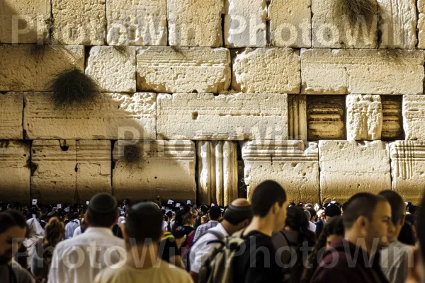 קהל מתפללים מתפללים בכותל המערבי בירושלים ממדינת ישראל. תְאוּרָה, גוונים וגוונים, קָהָל