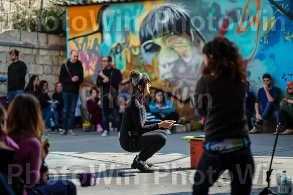 אמנית רחוב מוכשרת מבדרת עוברי אורח בעיר התוססת חיפה ממדינת ישראל. מכנסיים, בן אנוש, כלי נגינה