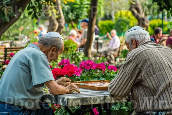 קשישים מתענגים על משחק שש בש בפארק ממדינת ישראל. שְׁעוֹת הַיוֹם, עלה, פֶּרַח