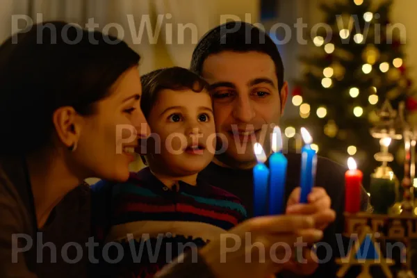 משפחה מדליקה נרות חנוכה, מפיצה שמחה וחום ממדינת ישראל. משהו, מחווה, עץ חג המולד