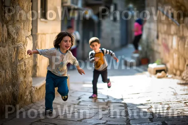 ילדים משחקים ברחובות השכונה ההיסטורית של ירושלים, התמימות בשפע ממדינת ישראל. בית המקדש, צילום פלאש, רַצָפוּת