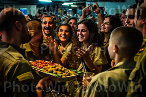 קבוצת חיילים חוגגת את סיום השירות הצבאי בפלאפל ממדינת ישראל. חיוך, מזון, בן אנוש