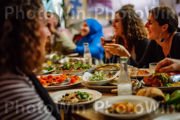 מפגש תוסס של חברים החולקים מאכלים מסורתיים מהמטבח הישראלי, ממדינת ישראל. מזון, כלי שולחן, צַלַחַת