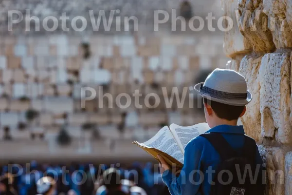 נער בר מצווה קורא בגאווה מהתורה בכותל ממדינת ישראל. טיול, כובע, פְּנַאִי