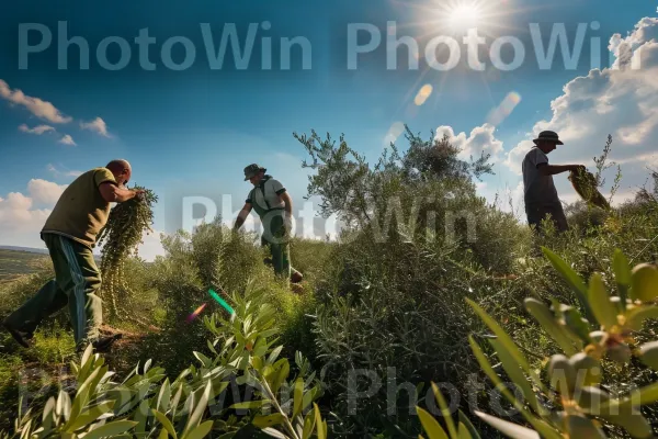 חקלאים מסיק זיתים תחת שמש הסתיו החמימה, ממדינת ישראל. שָׁמַיִם, ענן, קהילת צמחים