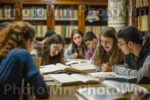 קבוצת תלמידים שקועים בלימוד טקסט יהודי, מתעמקים בנבכי החכמה ממדינת ישראל. חיוך, שׁוּלְחָן כְּתִיבָה, קבוצה חברתית