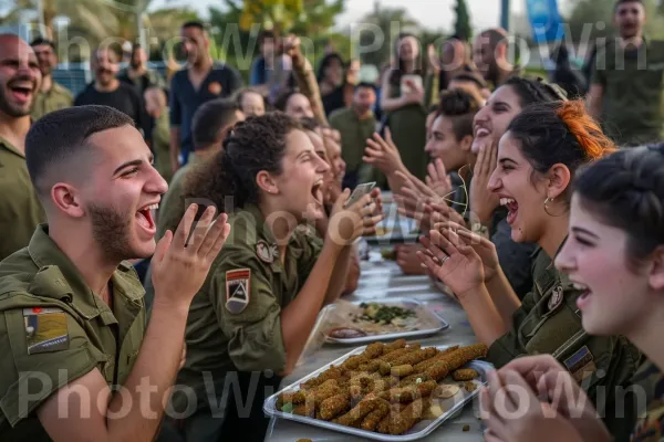 קבוצת חיילים חוגגת את סיום השירות הצבאי בפלאפל ממדינת ישראל. בן אנוש, צהוב, מִטְבָּח