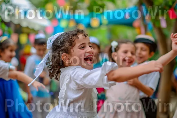 ילדים רוקדים בשמחה במהלך חגיגה יהודית מסורתית, ממדינת ישראל. מחווה, פְּנַאִי, כֵּיף