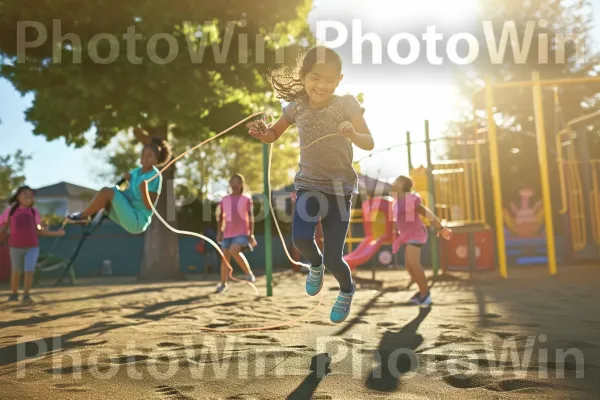 ילדה אנרגטית בת 9 קופצת בחבל עם חברים בהפסקה. מִכְנָסַיִים קְצָרִים, צמח, בידור