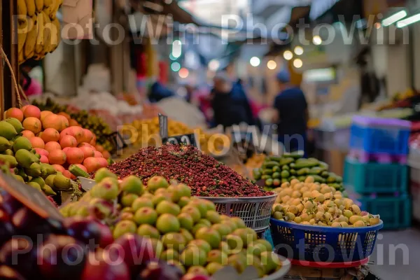 שוק תוסס, שופע פלאפל טרי ותבלינים צבעוניים ממדינת ישראל. מזון, צמח, פרי