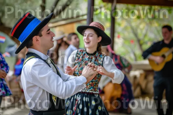 זוגות משתתפים בריקוד חתונה מסורתי מלא שמחה וצחוק ממדינת ישראל. גִיטָרָה, אמנויות במה, שַׂמֵחַ